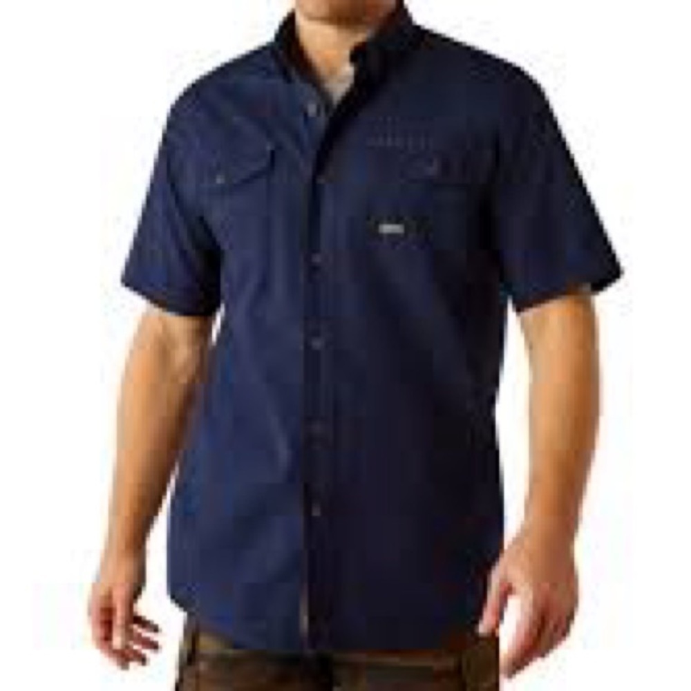 Ariat Rebar Blue Cotton Work Shirt Mens Size XXL Tall Button Front Utility EUC - Picture 2 of 13